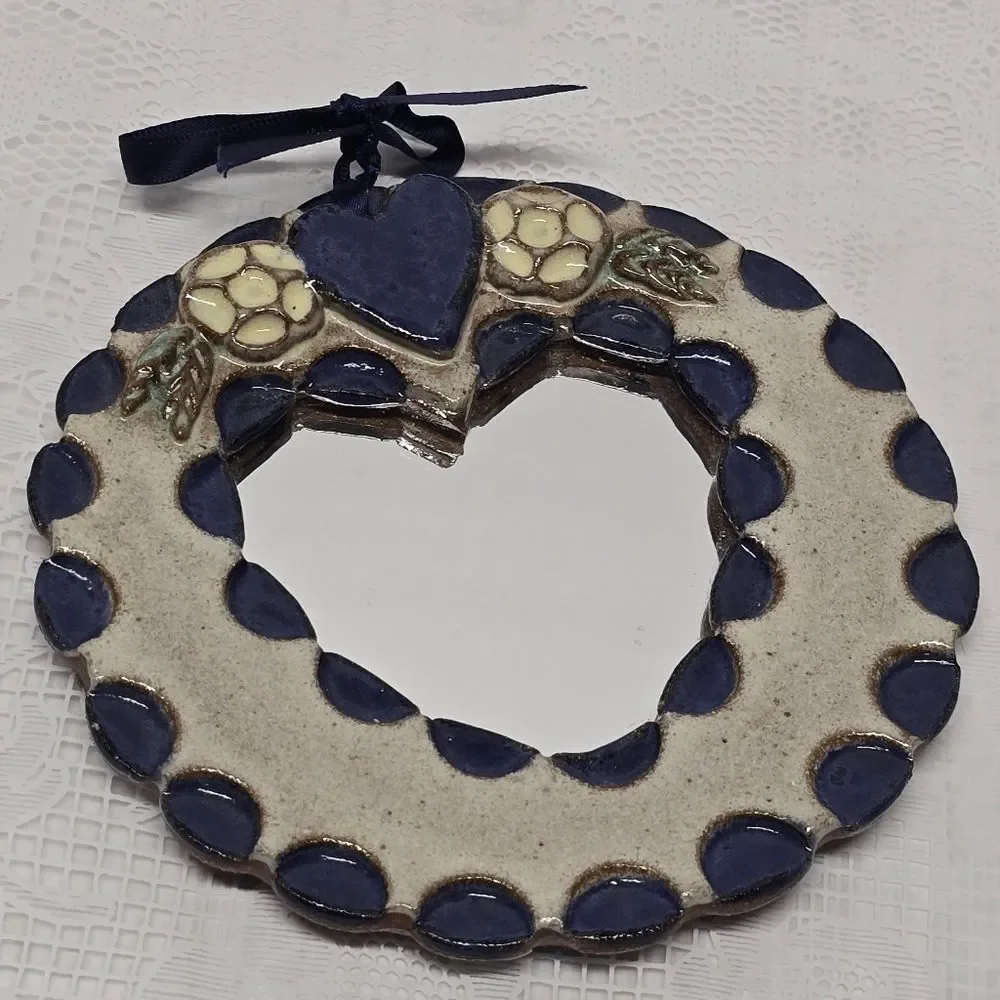Vintage Pottery Mirror Stoneware Heart Handcrafted Wall Art Boho Decor Romantic